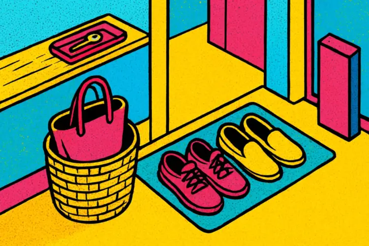 A compact no-drill apartment entryway landing zone with a key tray, bag basket, shoe mat, and mail holder.