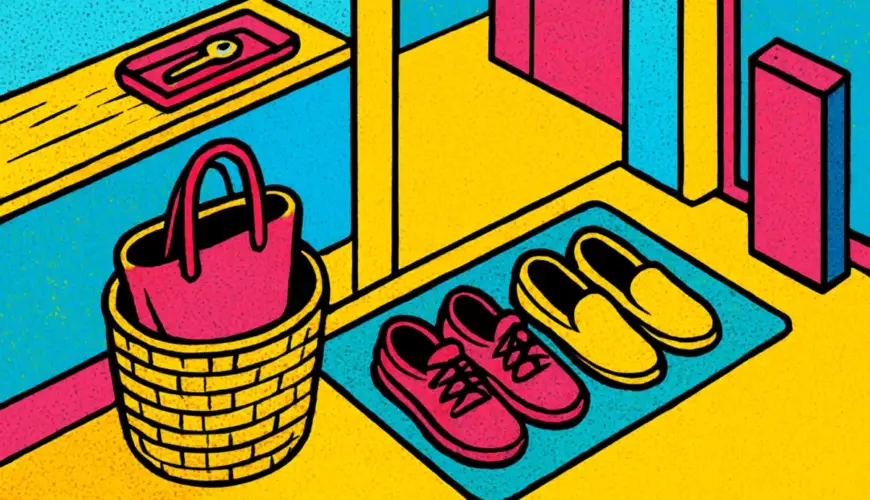 A compact no-drill apartment entryway landing zone with a key tray, bag basket, shoe mat, and mail holder.