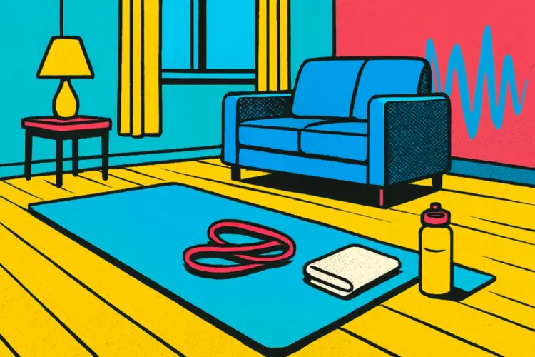 A quiet apartment workout setup with a mat and resistance band, with softened sound waves.