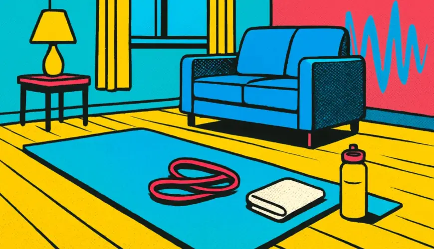 A quiet apartment workout setup with a mat and resistance band, with softened sound waves.