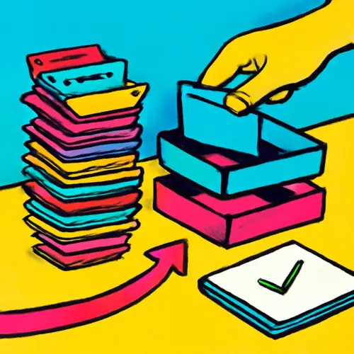 An illustration of browser-tab-shaped slips being sorted into three trays beside a notebook.