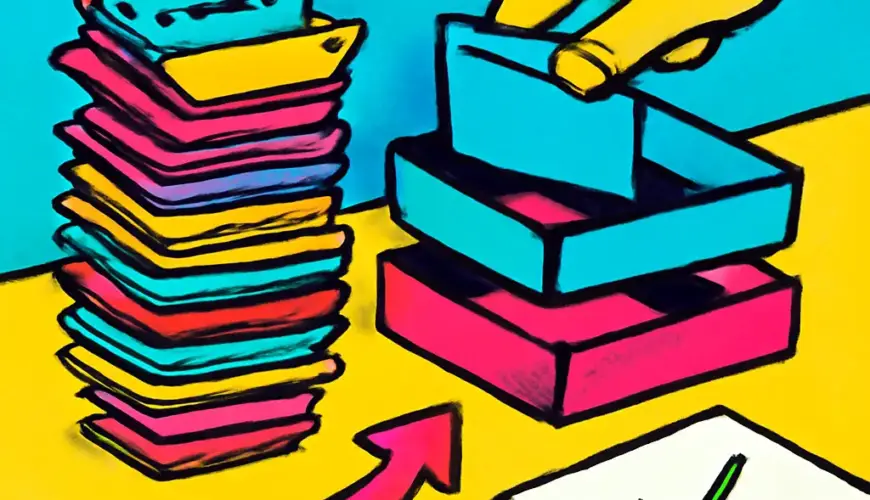 An illustration of browser-tab-shaped slips being sorted into three trays beside a notebook.
