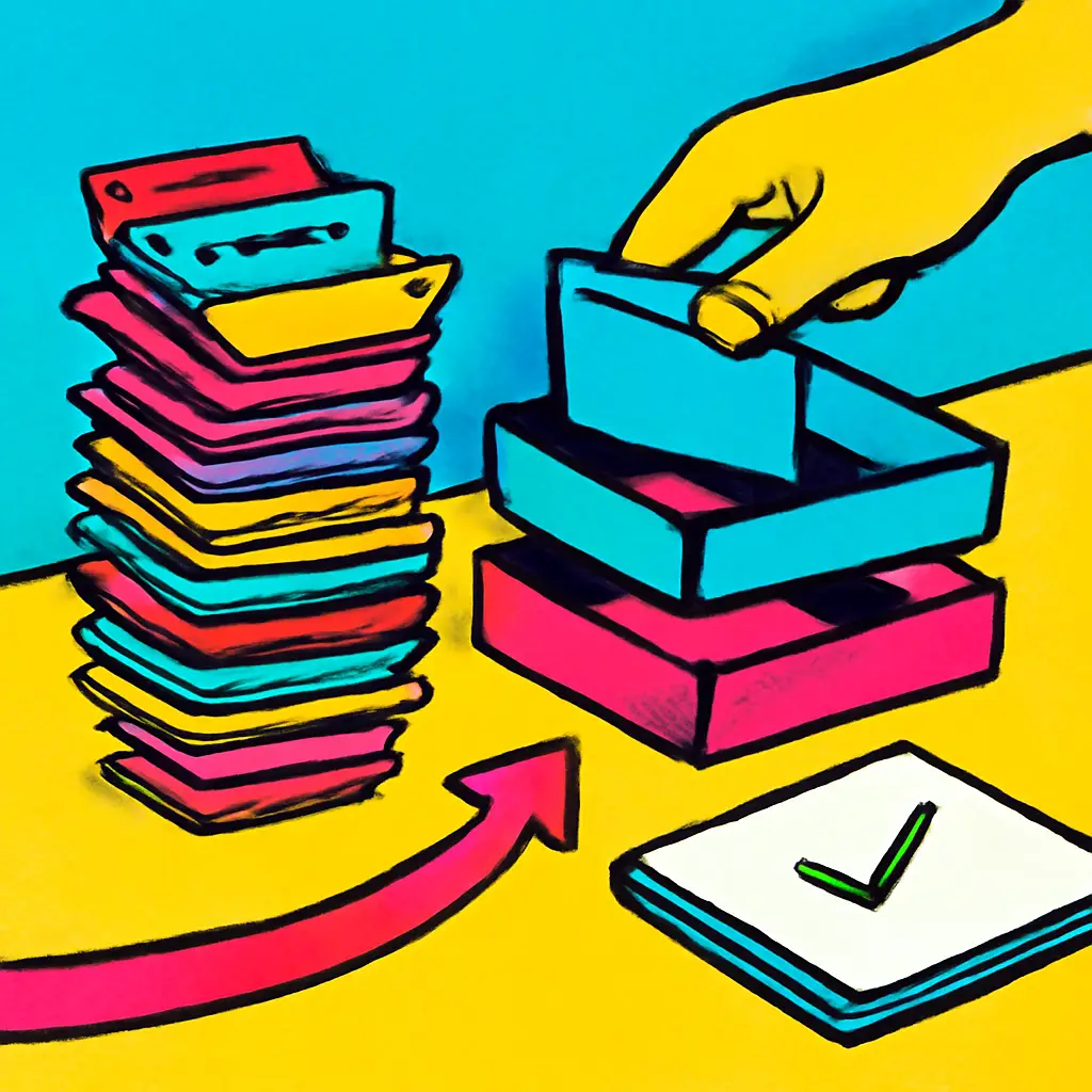 An illustration of browser-tab-shaped slips being sorted into three trays beside a notebook.