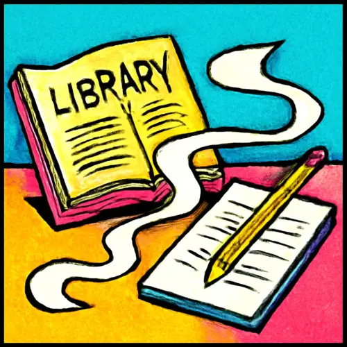 An open library book and notebook connected by a winding paper trail, representing notes that remain after a book is returned.