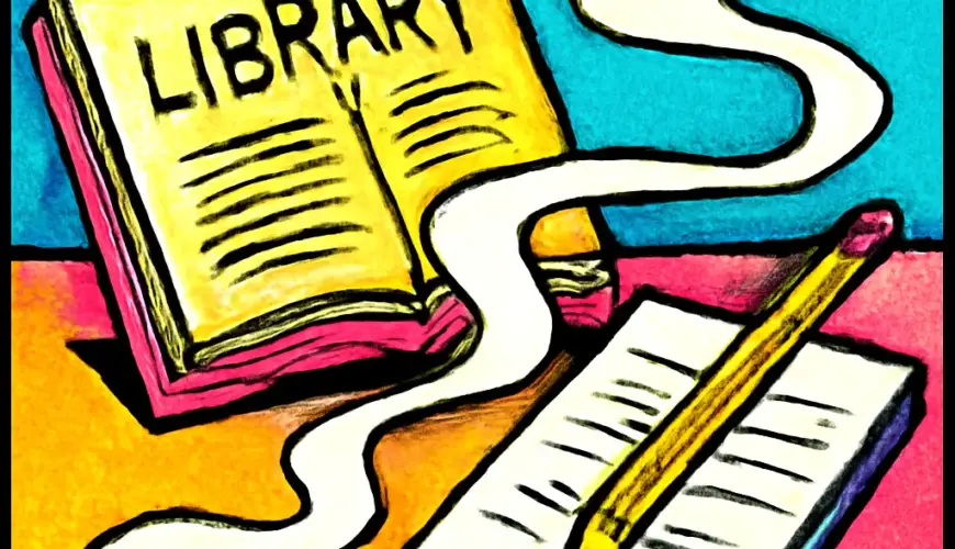 An open library book and notebook connected by a winding paper trail, representing notes that remain after a book is returned.