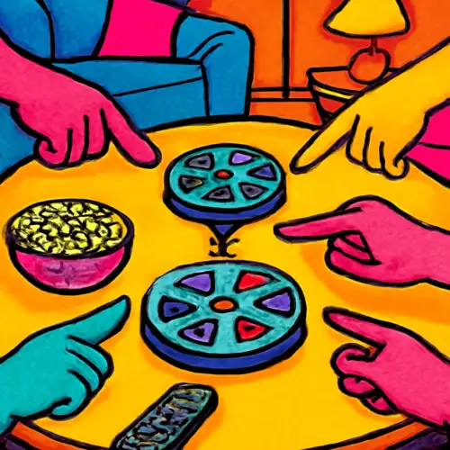 Four people choose one of three movie reels on a coffee table.