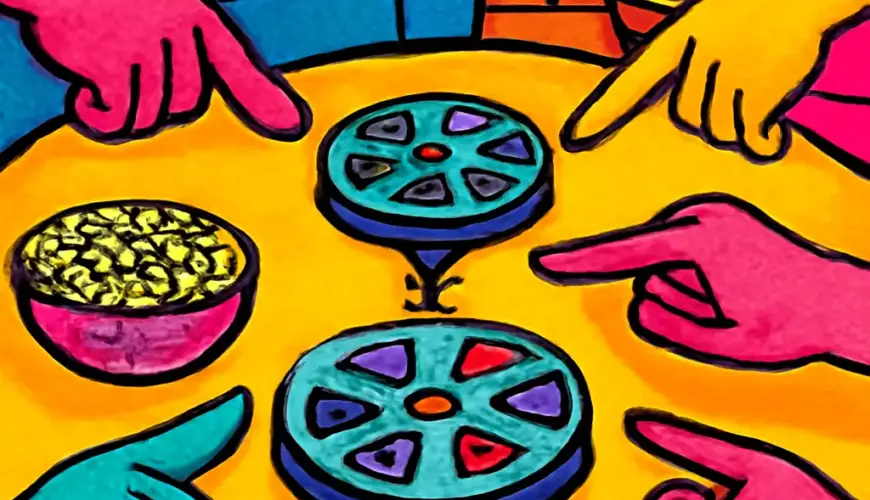 Four people choose one of three movie reels on a coffee table.