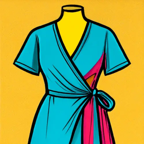 Illustration of a wrap dress with hidden inner tie and snap closure points.