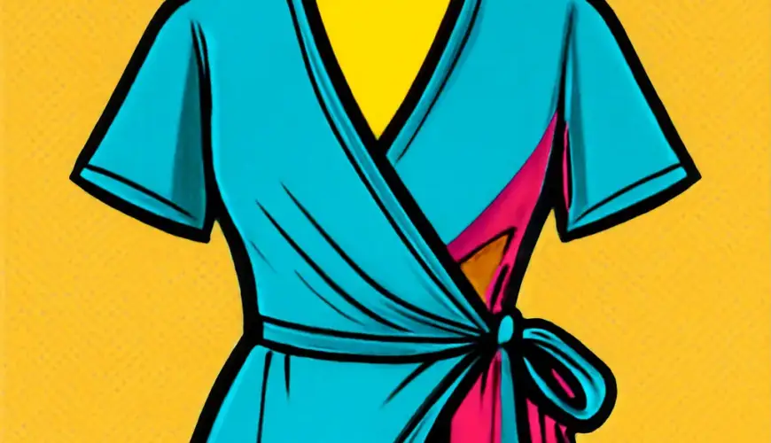Illustration of a wrap dress with hidden inner tie and snap closure points.