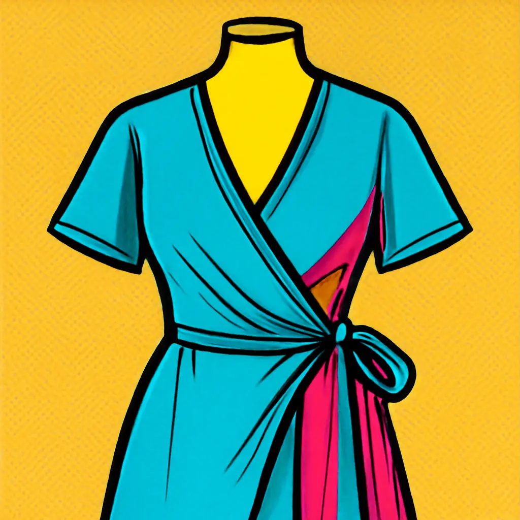 Illustration of a wrap dress with hidden inner tie and snap closure points.