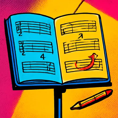 An open marked music chart with pencil navigation cues guiding the player through the pages.