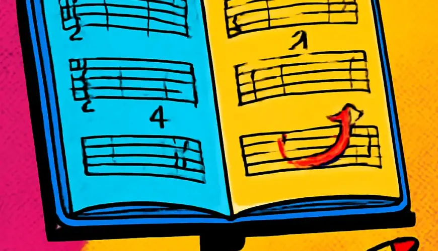 An open marked music chart with pencil navigation cues guiding the player through the pages.
