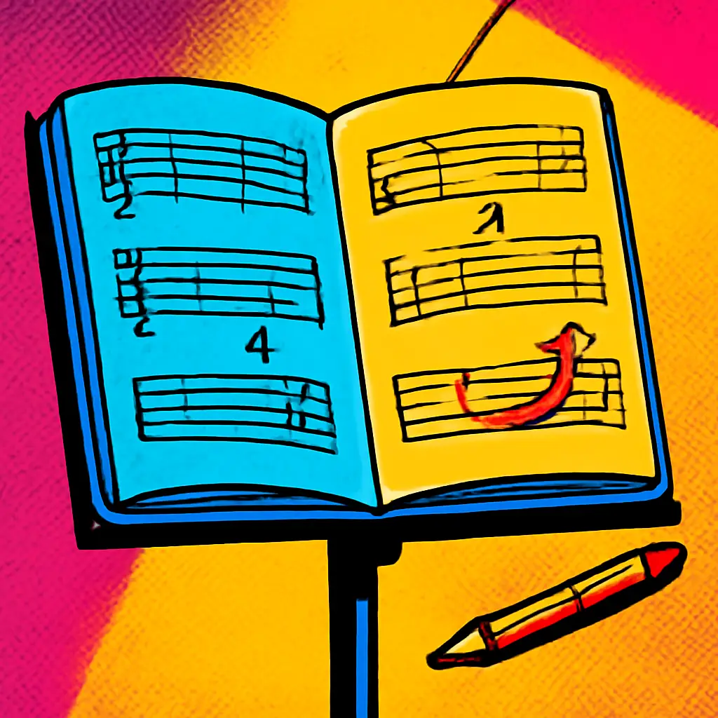 An open marked music chart with pencil navigation cues guiding the player through the pages.