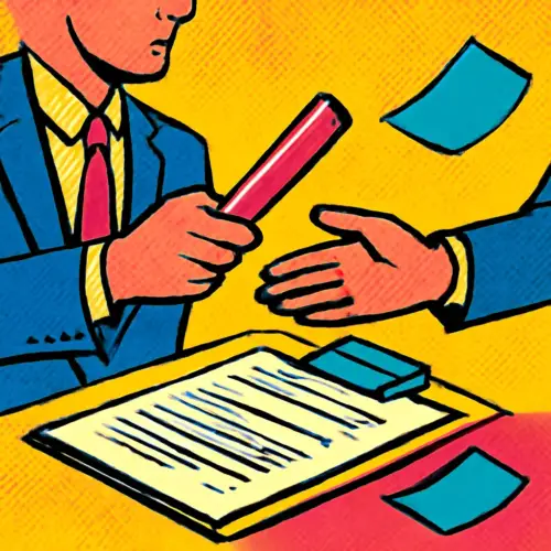 Illustration of a client folder helping one team member hand work to another.