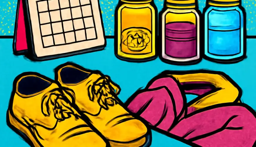 A calendar and everyday items that wear out, with coins being set aside for their replacement.