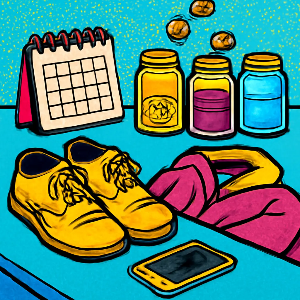 A calendar and everyday items that wear out, with coins being set aside for their replacement.