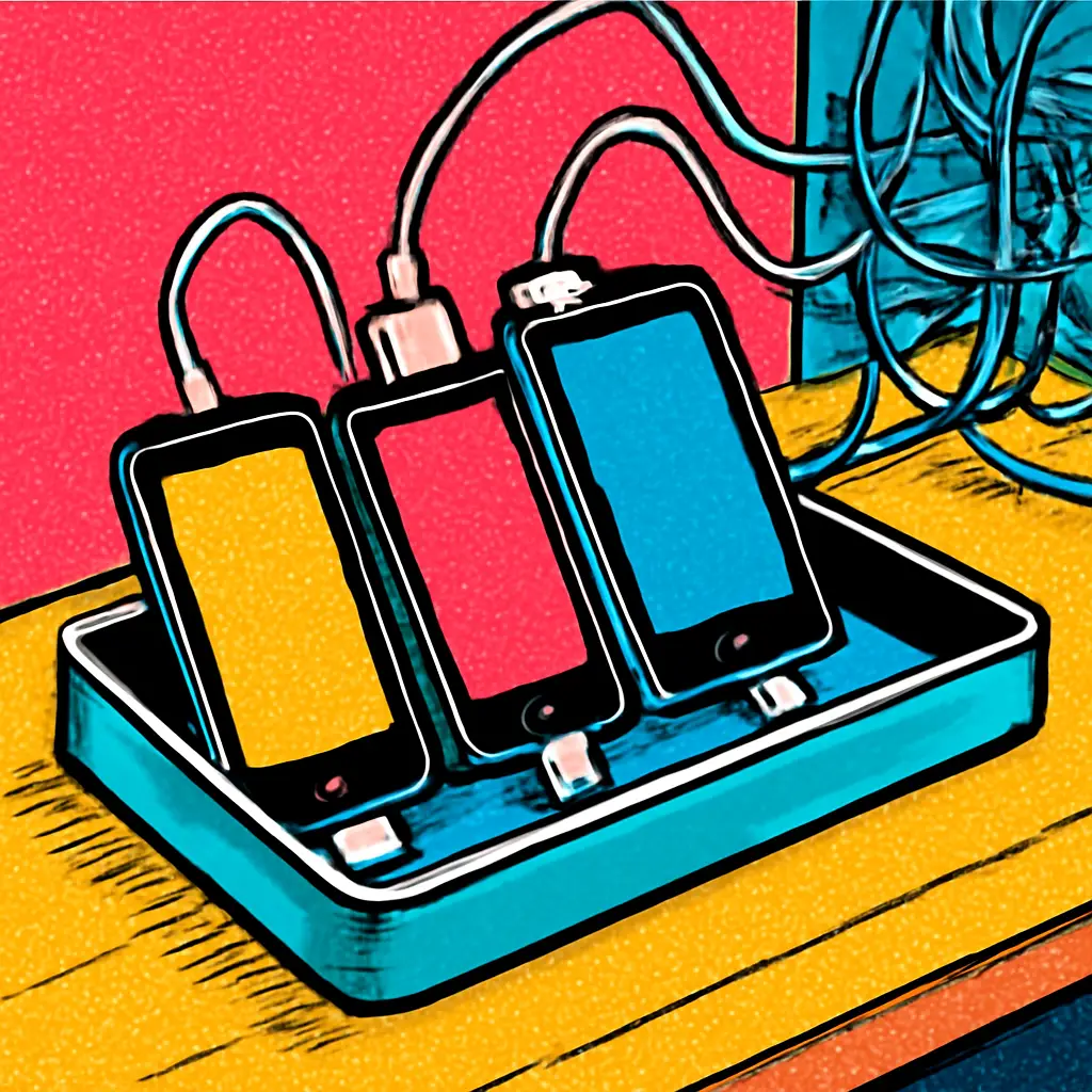Neatly organized shared charging station with devices in assigned spots and cables clipped in place.