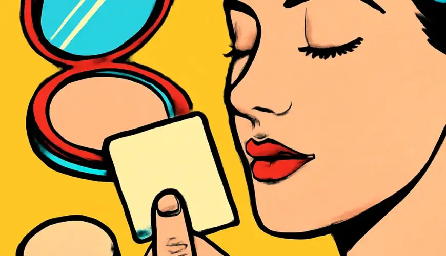 Compact mirror, blotting paper, powder puff, and makeup sponge arranged for a light midday makeup touch-up.