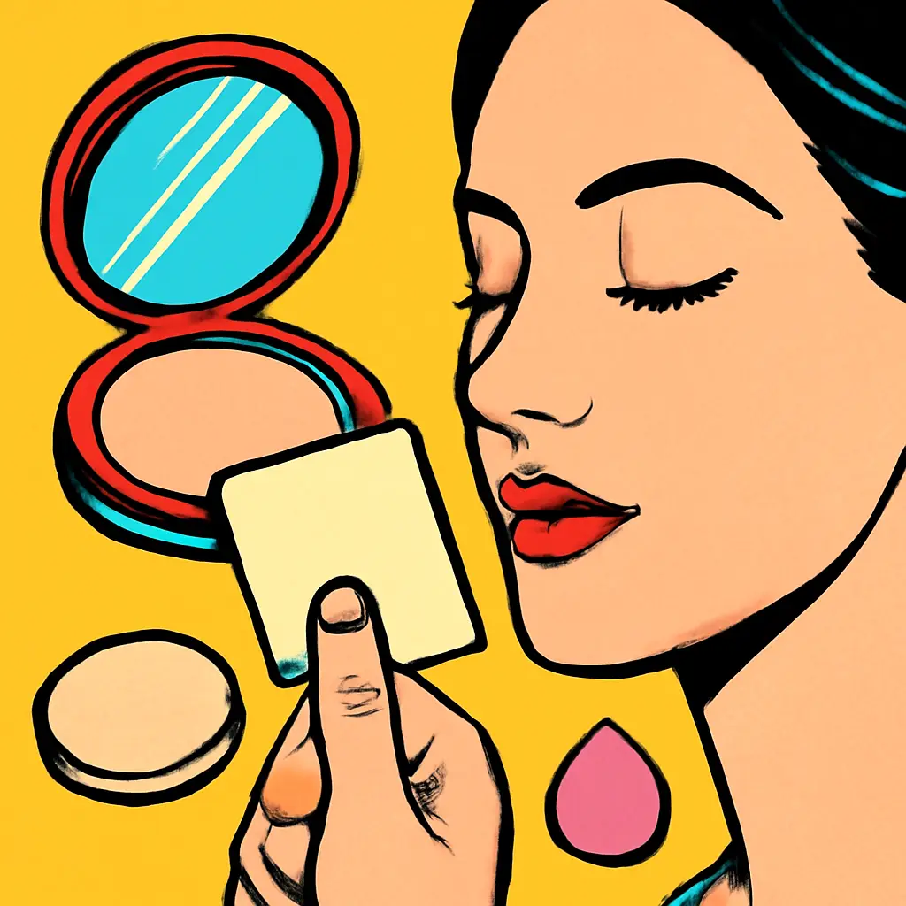 Compact mirror, blotting paper, powder puff, and makeup sponge arranged for a light midday makeup touch-up.