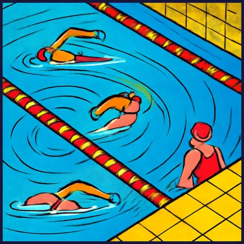 Overhead view of swimmers sharing a pool lane in a smooth circular pattern.