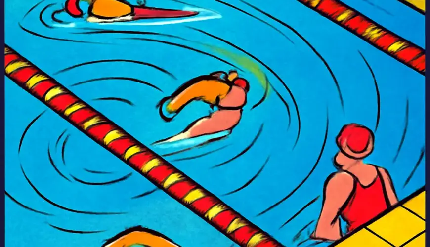 Overhead view of swimmers sharing a pool lane in a smooth circular pattern.