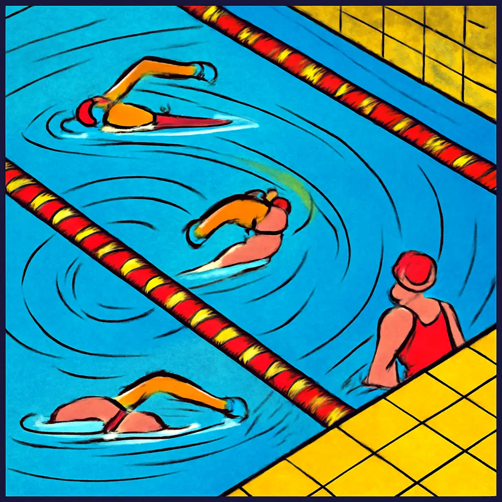 Overhead view of swimmers sharing a pool lane in a smooth circular pattern.