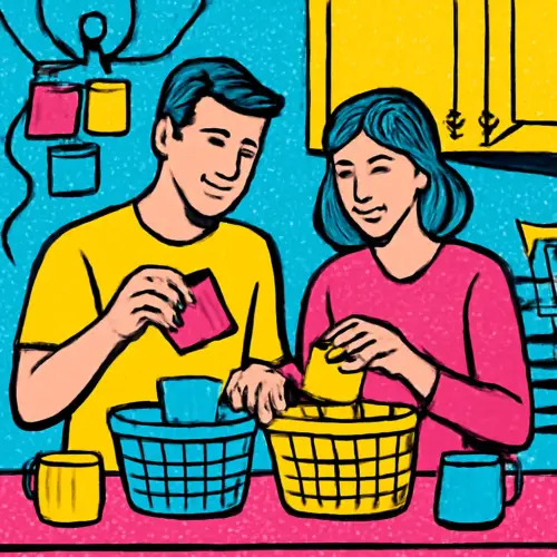 Two people divide household task cards into balanced baskets in a shared kitchen.