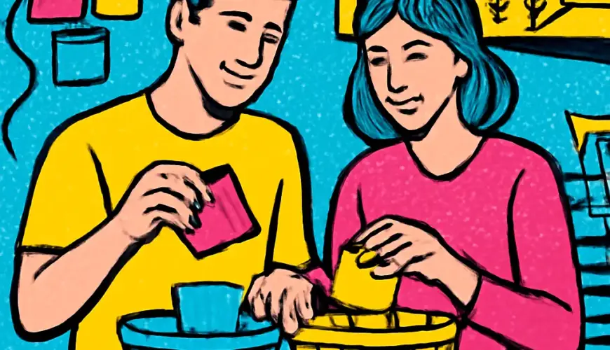 Two people divide household task cards into balanced baskets in a shared kitchen.