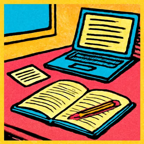 A note card on a study desk creates a clear path back to an unfinished assignment.