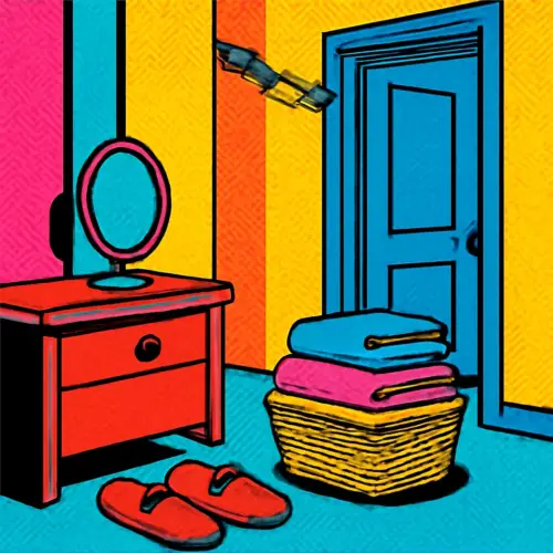 A tidy hallway setup helps several holiday guests share one bathroom.