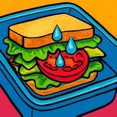 Cross-section illustration of a vegetable sandwich with protective lettuce and cheese layers keeping tomato moisture away from bread.