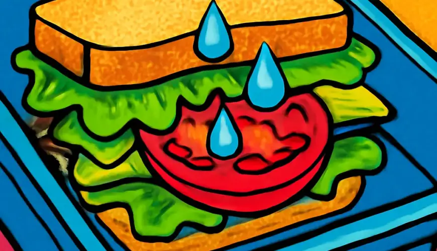 Cross-section illustration of a vegetable sandwich with protective lettuce and cheese layers keeping tomato moisture away from bread.