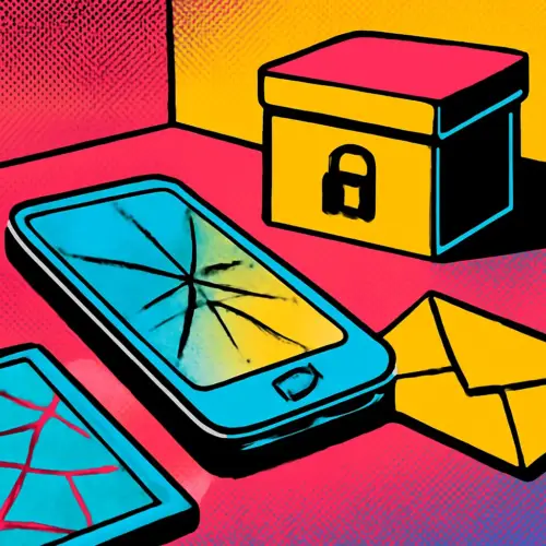 A damaged smartphone beside a locked document box and sealed recovery envelope.