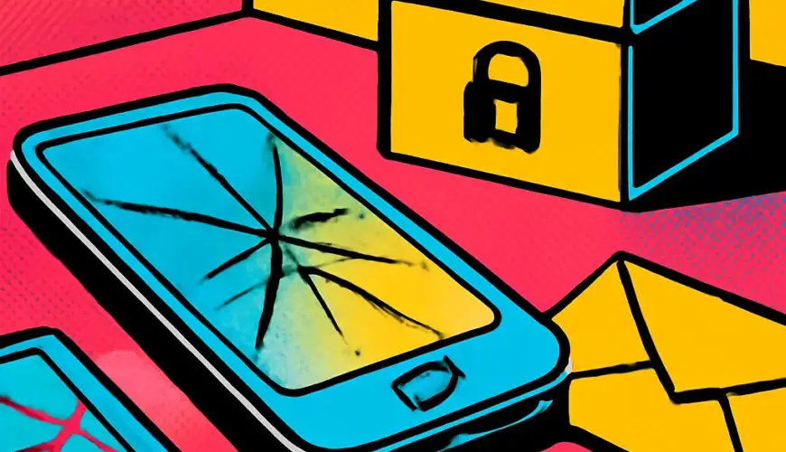 A damaged smartphone beside a locked document box and sealed recovery envelope.