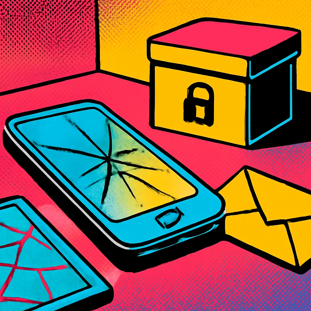 A damaged smartphone beside a locked document box and sealed recovery envelope.