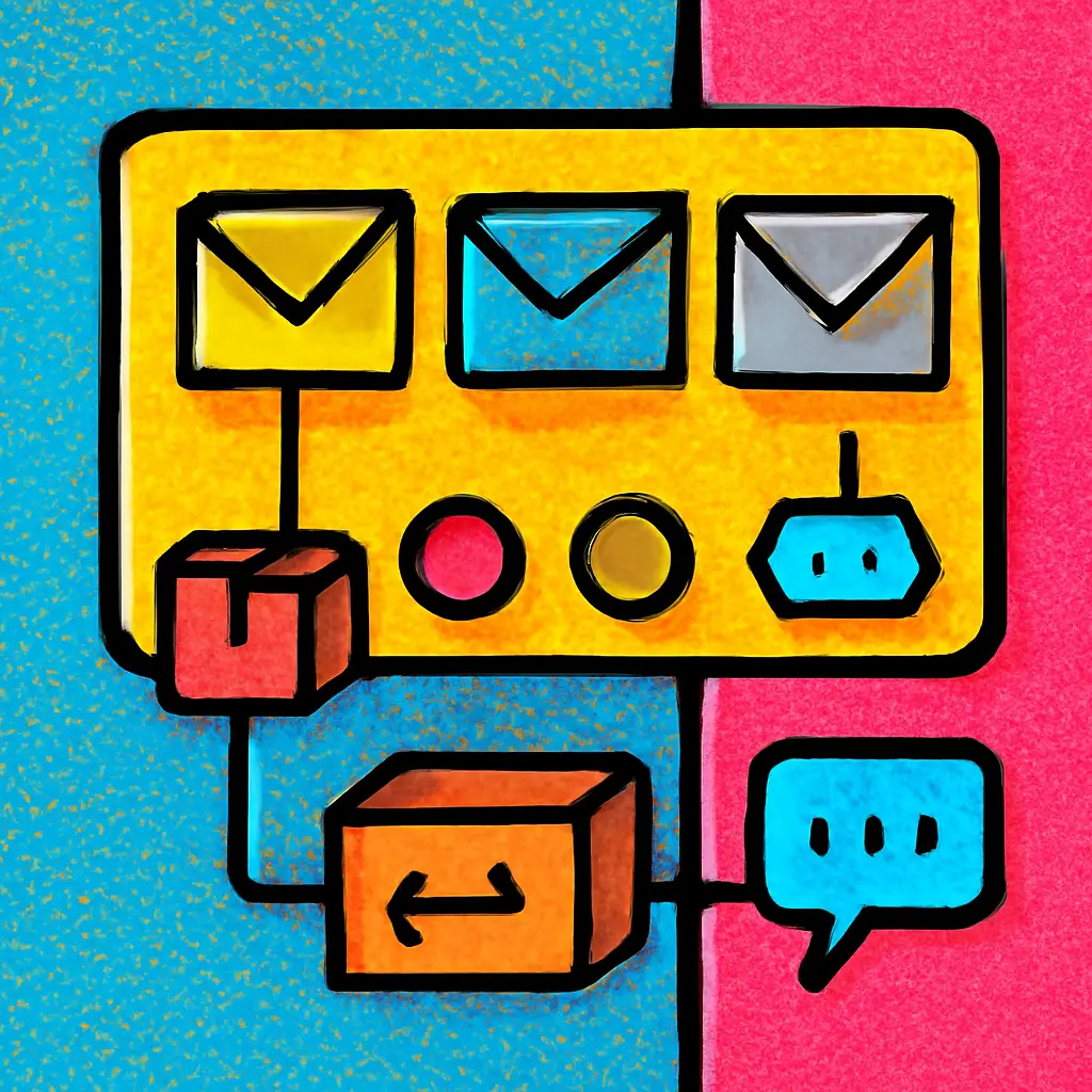 An illustration of email cards organized into action, waiting, and completed states for an online order and return.