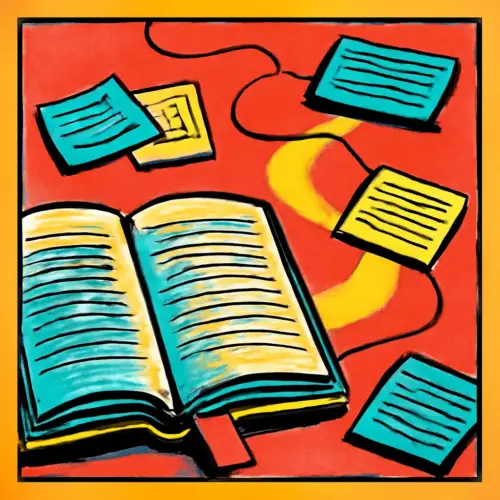 An open novel, bookmark, and small character-note cards connected toward the next chapter.
