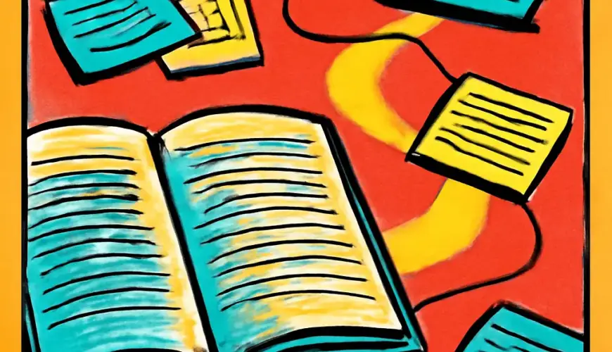 An open novel, bookmark, and small character-note cards connected toward the next chapter.