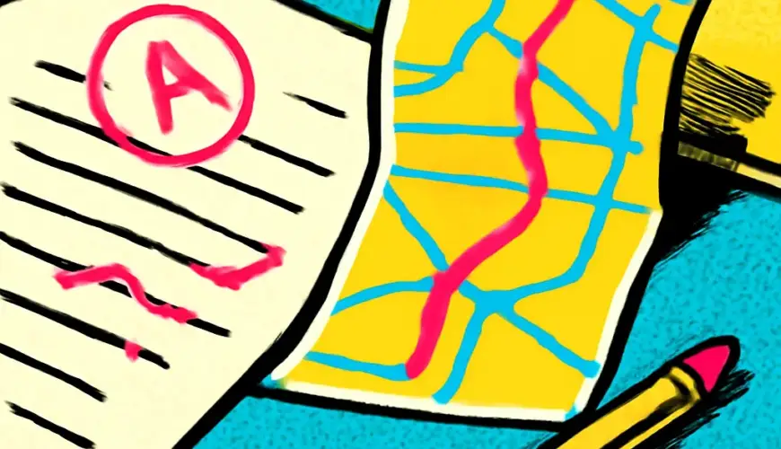 A marked assignment visually turning into a simple roadmap toward a blank new page.