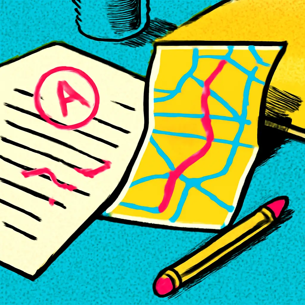 A marked assignment visually turning into a simple roadmap toward a blank new page.