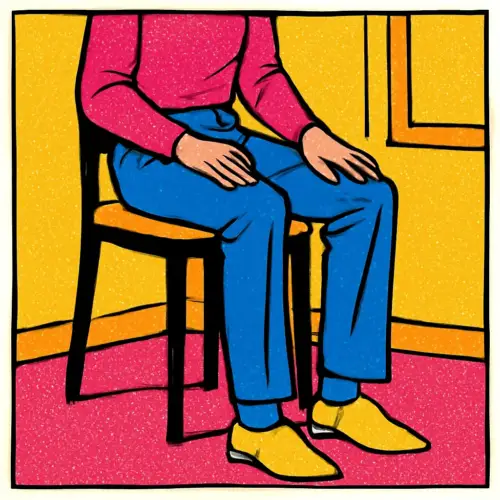 Illustration of tailored pants being checked for comfort while seated on a chair.