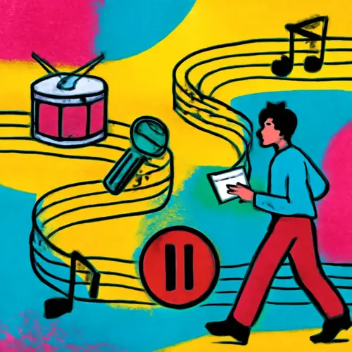 A musician follows a winding music-staff path marked with cues for different sections of a song.