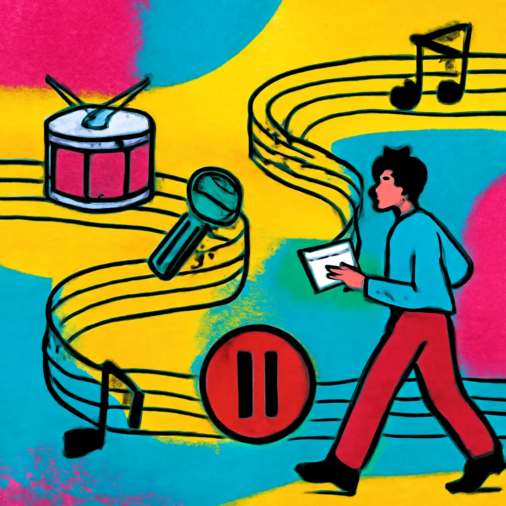 A musician follows a winding music-staff path marked with cues for different sections of a song.