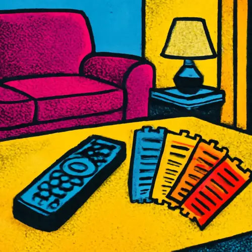 A remote and color-coded trays representing a watchlist organized by mood and attention level.