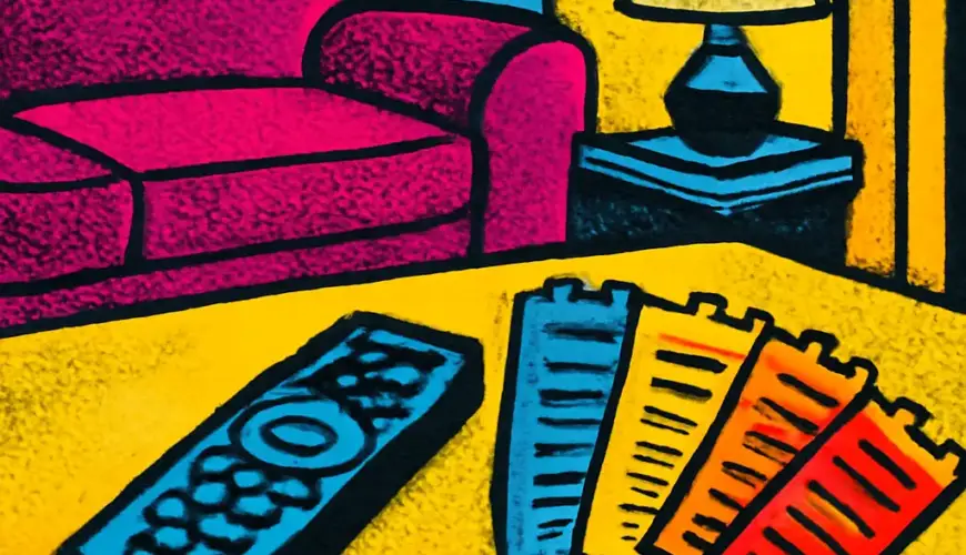 A remote and color-coded trays representing a watchlist organized by mood and attention level.