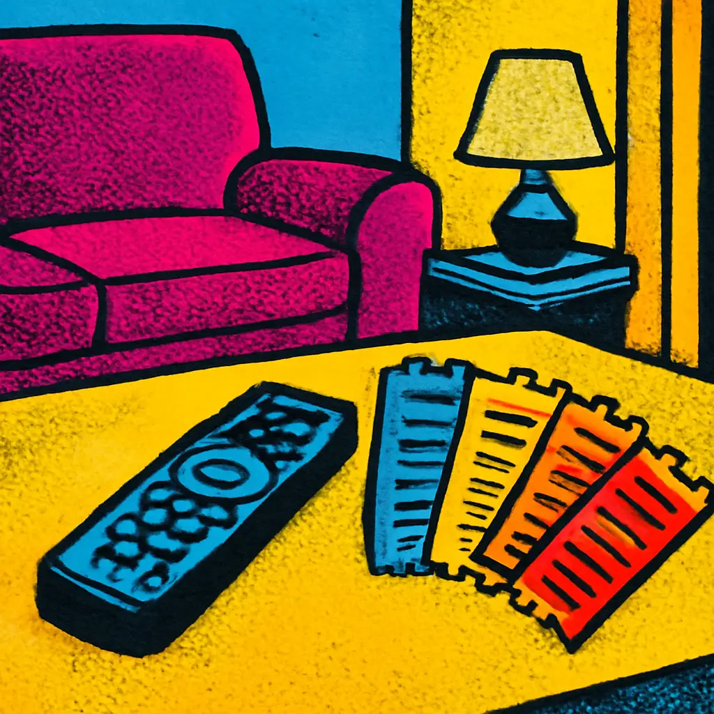 A remote and color-coded trays representing a watchlist organized by mood and attention level.