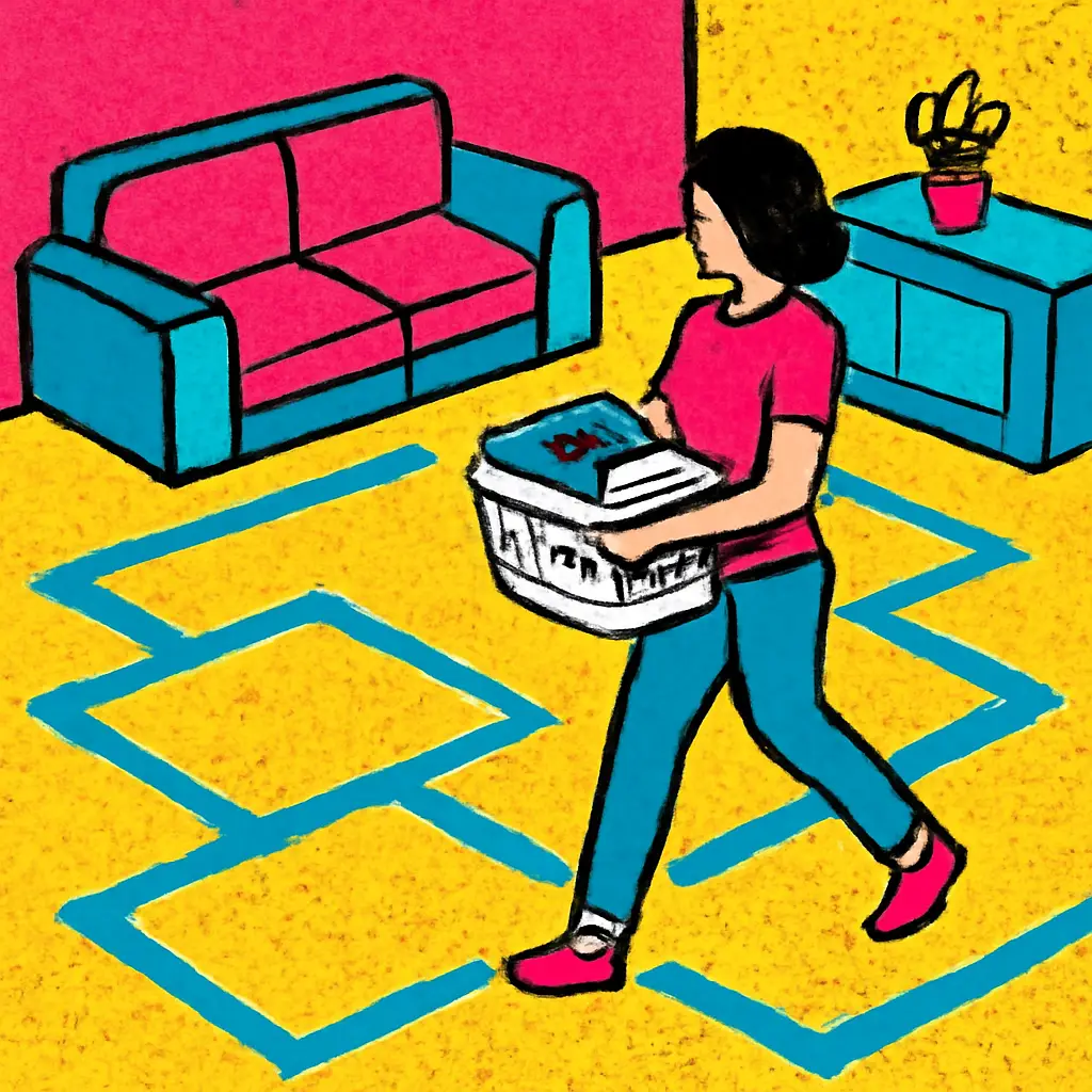 Painter’s tape outlines furniture footprints and walking paths on a living room floor.