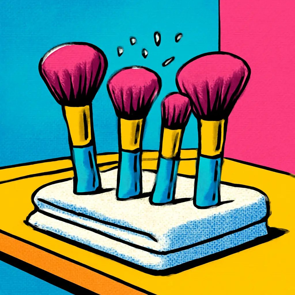 Makeup brushes drying with their bristles extending over the edge of a towel-covered counter.