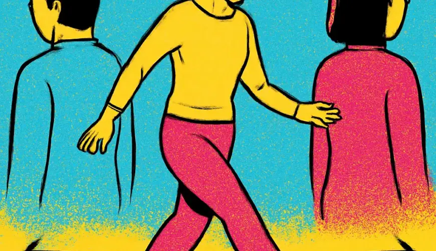 A person stepping away from a string connecting two people in conflict.
