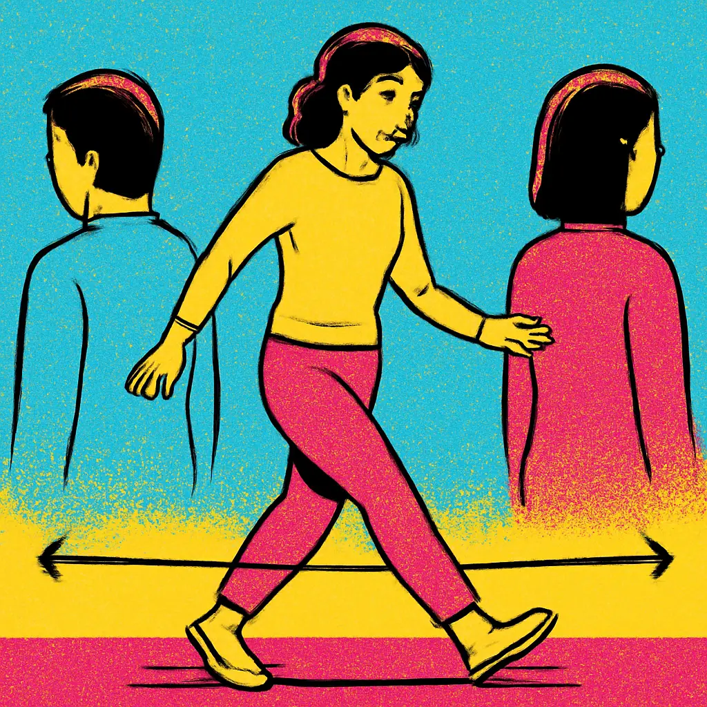 A person stepping away from a string connecting two people in conflict.